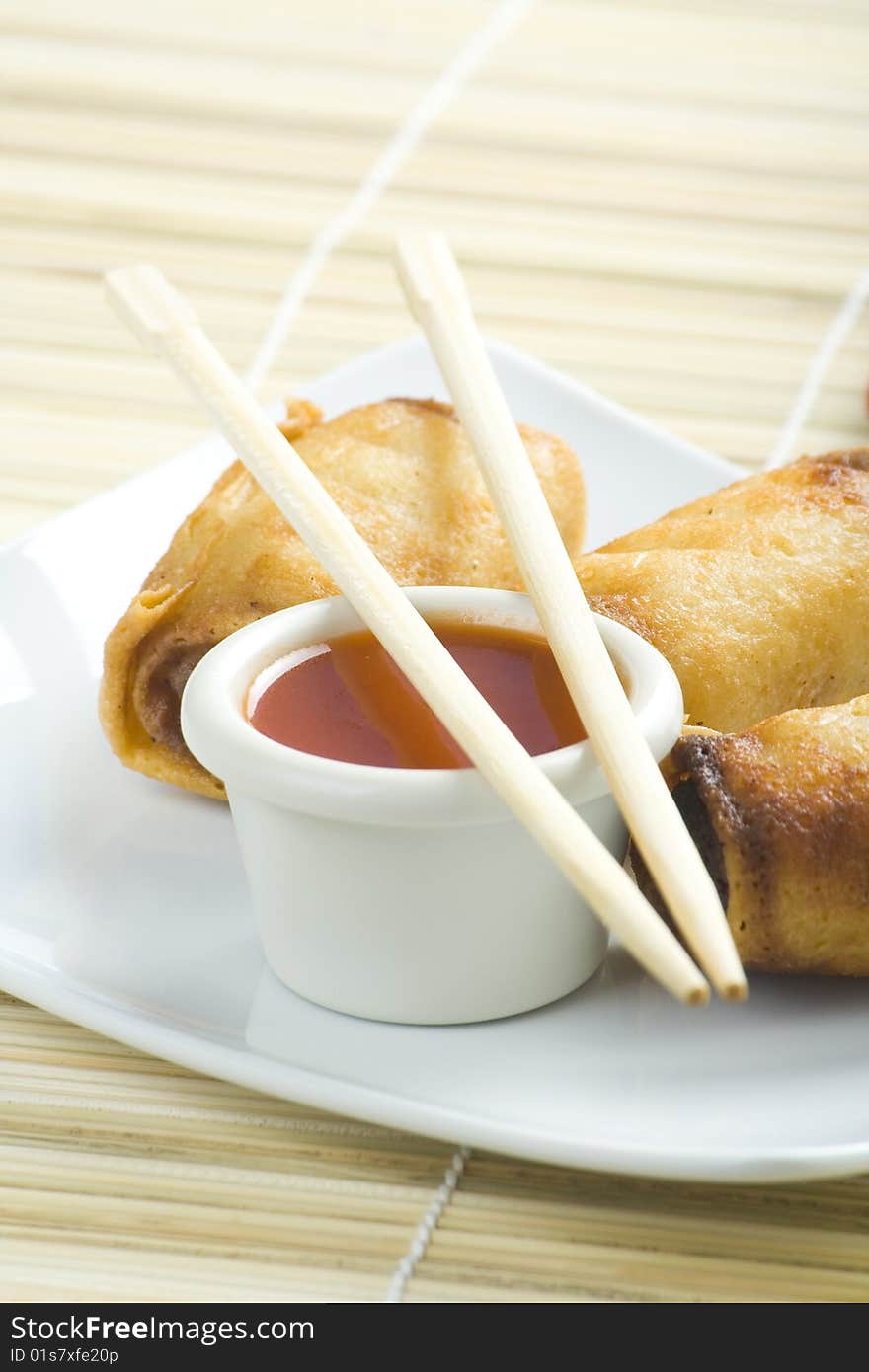 Delicious	
spring rolls  traditional china cuisine isolated