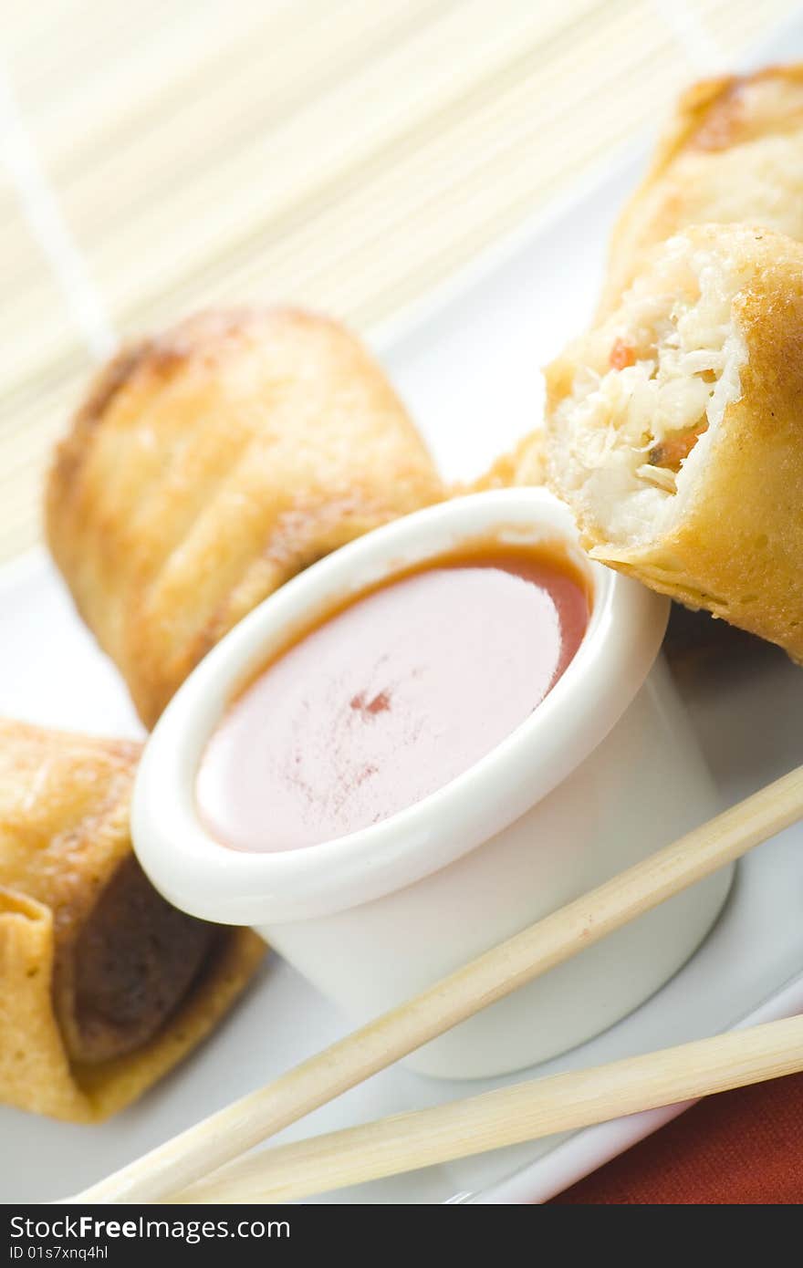 Delicious	
spring rolls  traditional china cuisine isolated