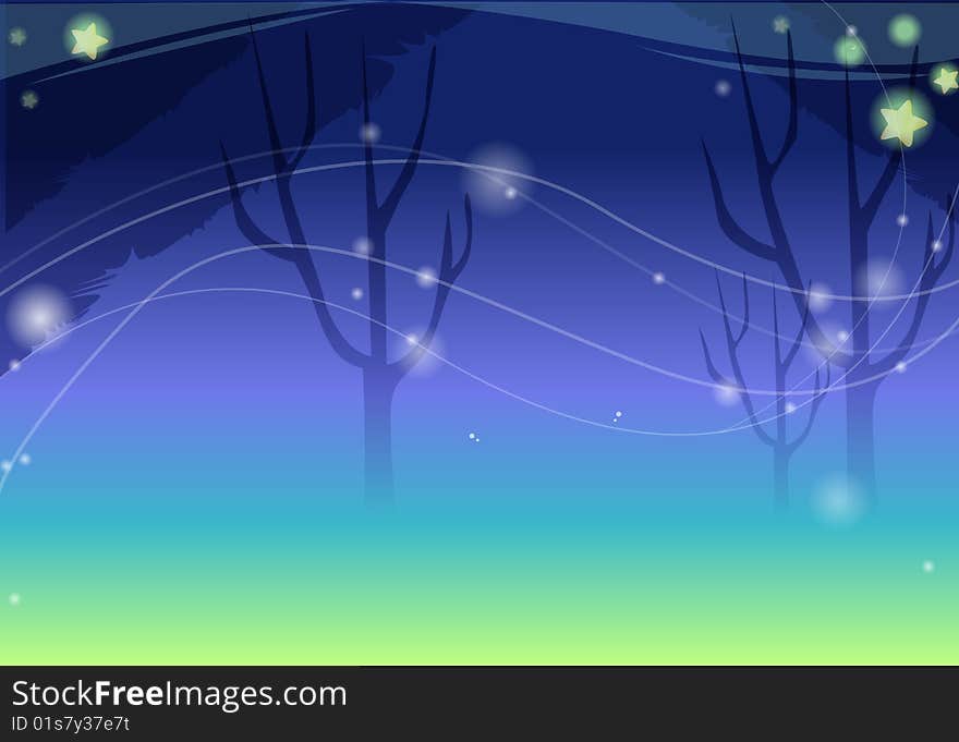 Black tree with yellow stars under night sky. Black tree with yellow stars under night sky