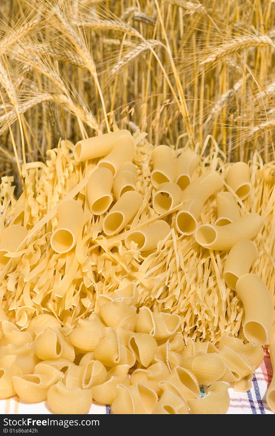 Noodles, macaroni and wheat stalks on a table in the field. Noodles, macaroni and wheat stalks on a table in the field.