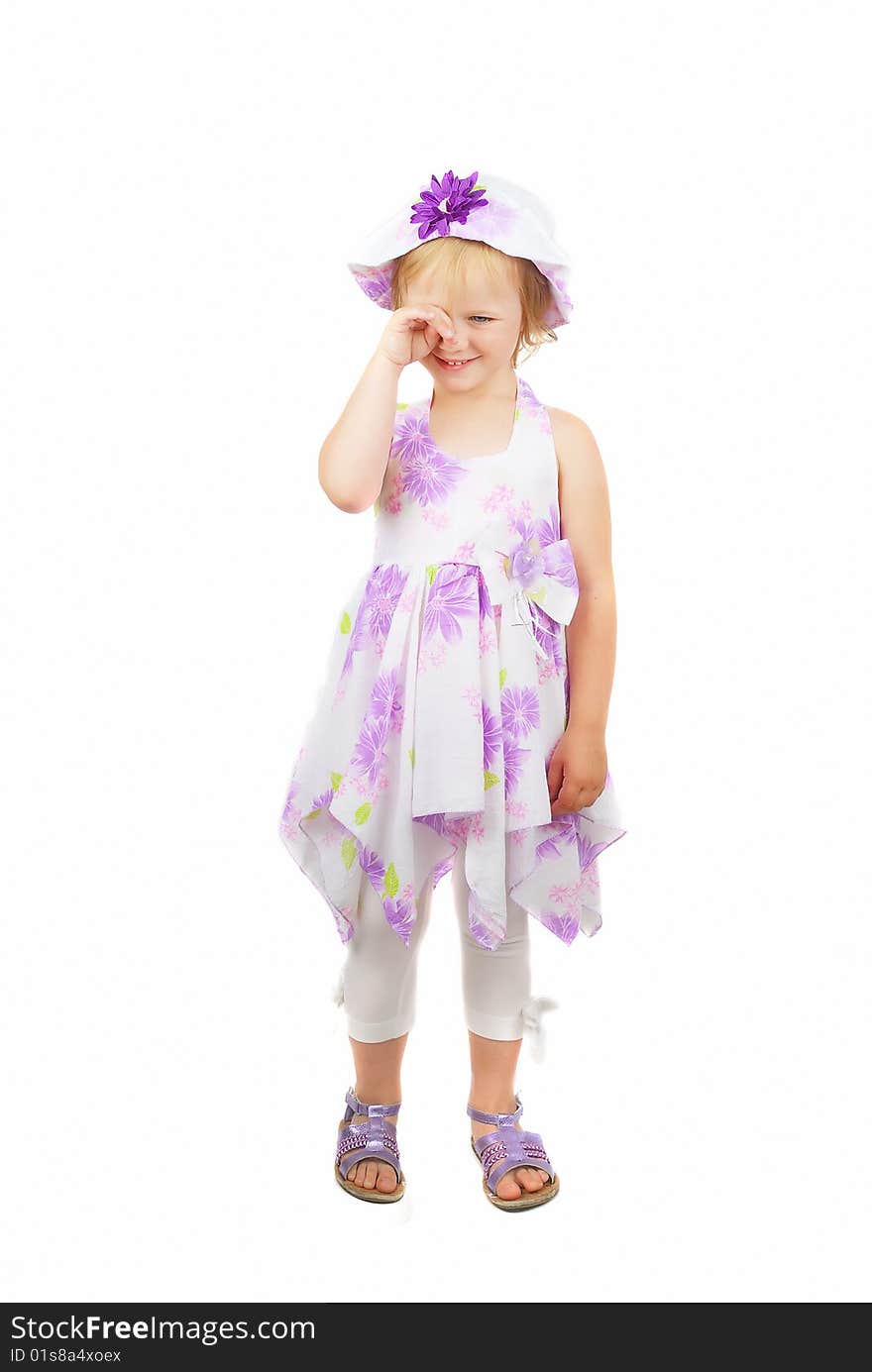 Caucasian cute little girl wearing a purple summer dress and heat starting Cray, isolated on white background. Caucasian cute little girl wearing a purple summer dress and heat starting Cray, isolated on white background.