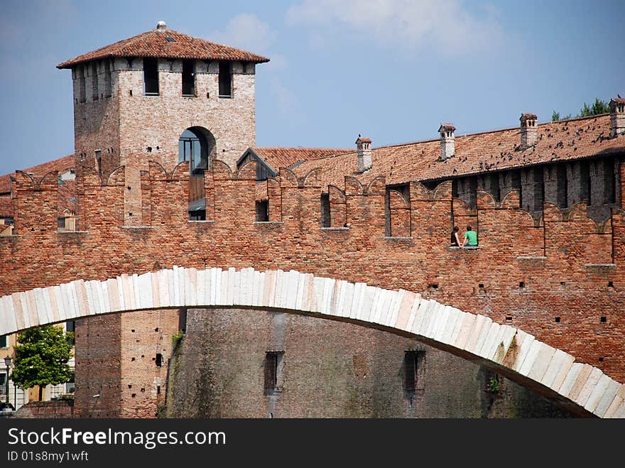 Scaliger Bridge built in Verona, Italy on the Adige river in the Veneto region. Scaliger Bridge built in Verona, Italy on the Adige river in the Veneto region.