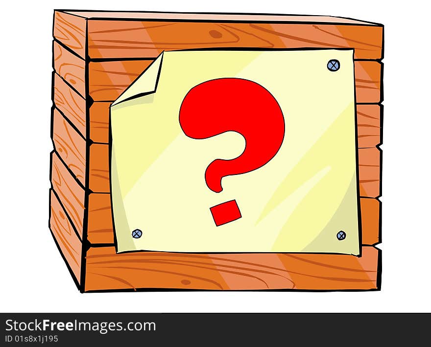 Illustration of wooden box with a question on a plate. Isolated on white background. Illustration of wooden box with a question on a plate. Isolated on white background.