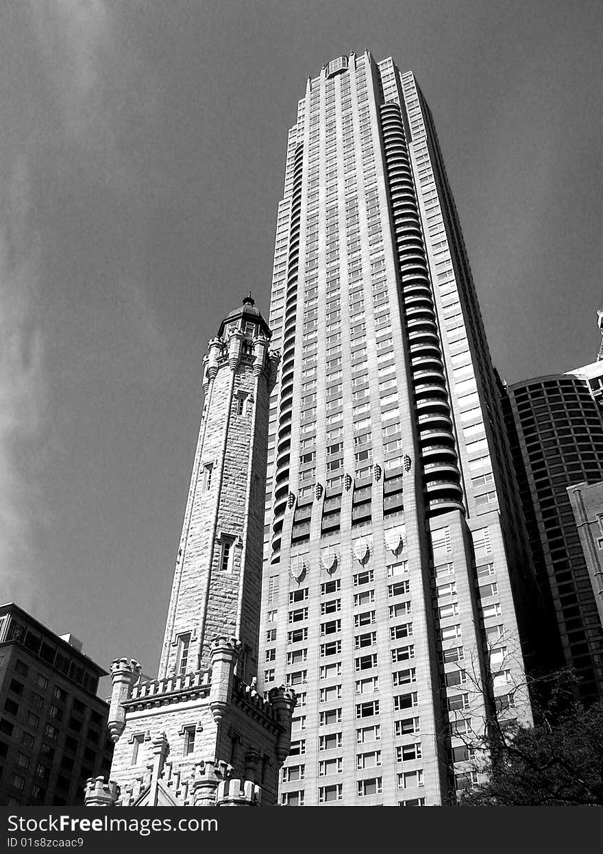 Downtown Chicago including the Water Tower and a modern skyscraper