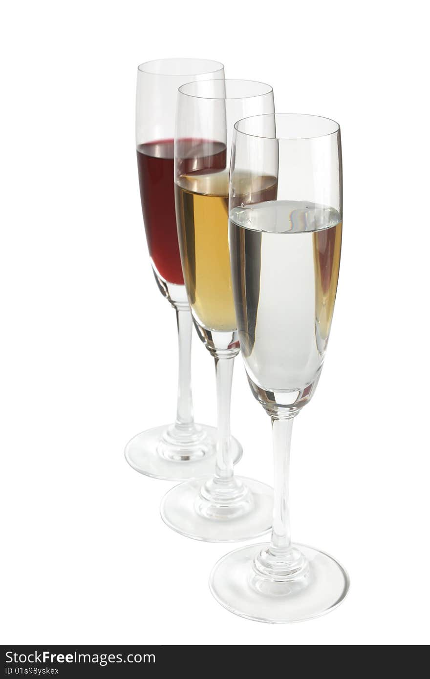 The wineglasses with different liquids is isolated. Clipping path included.