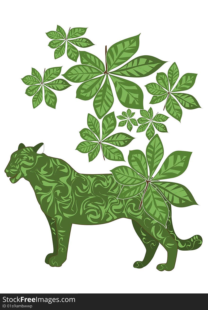 Green leaves and tiger design created a composition of nature