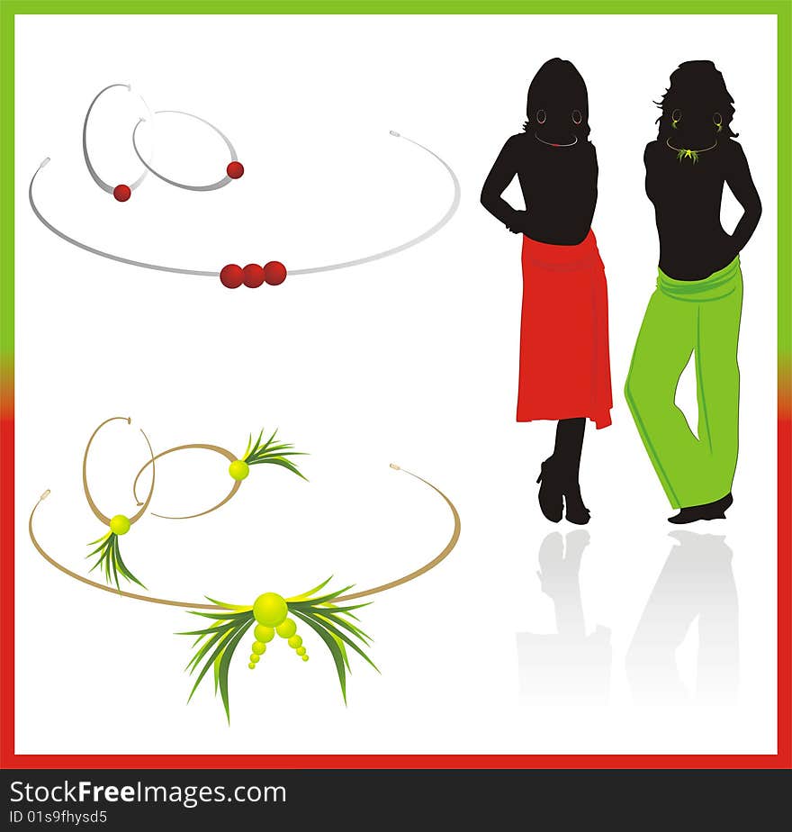 Earrings and necklace. Two sets and silhouettes of girls. Vector illustration