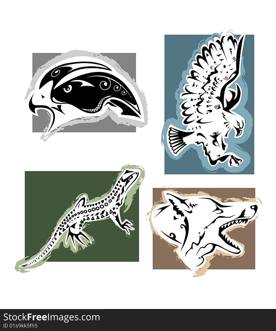 Four animals: hawk, eagle, lizard and fox - Tattoo style. Four animals: hawk, eagle, lizard and fox - Tattoo style