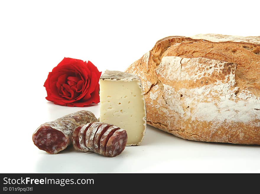 French product, bread, cheese and sausage, isolated on white background