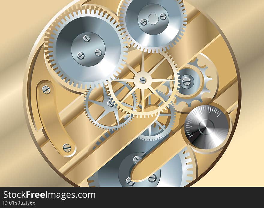 Gears of clockwork mechanism, shining metal, vector illustration. Gears of clockwork mechanism, shining metal, vector illustration