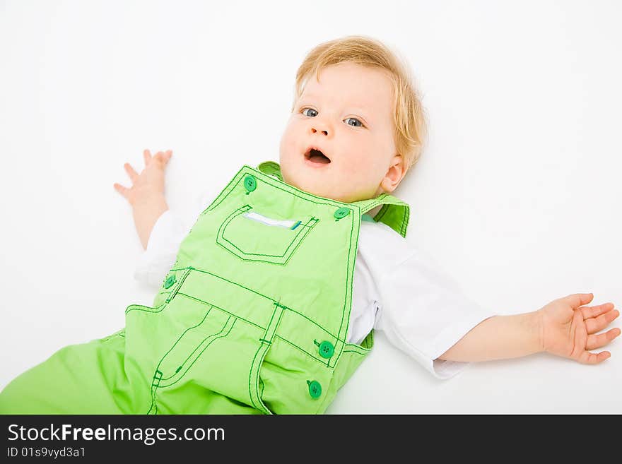 Little baby boy in green a pair of trousers