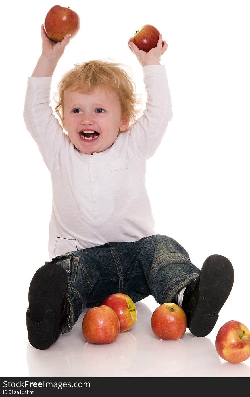 Baby with apple isolated on white. Baby with apple isolated on white.