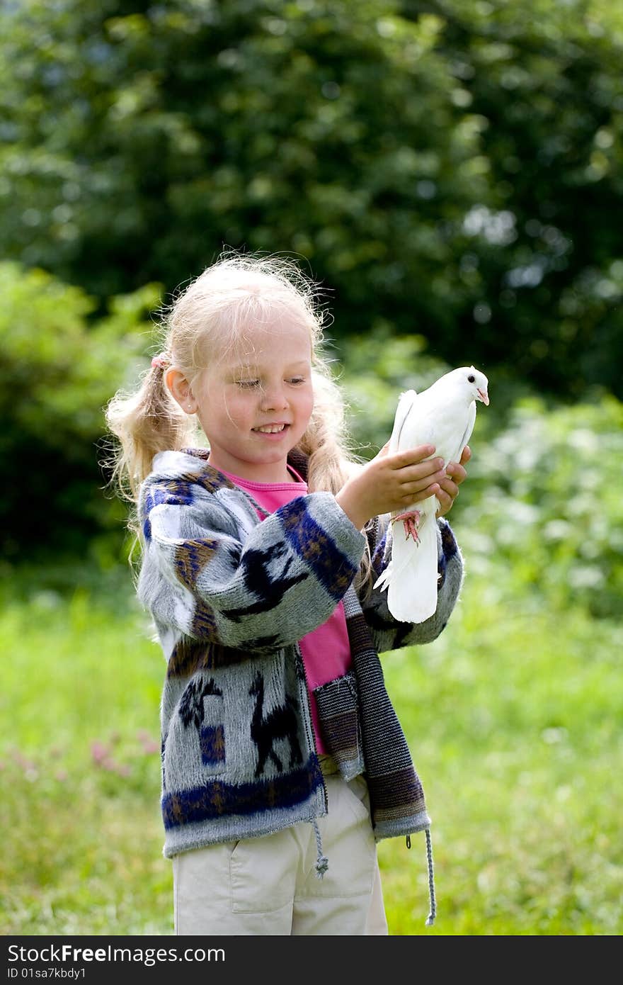 Portrait of the little girl on a green background with a dove. Portrait of the little girl on a green background with a dove