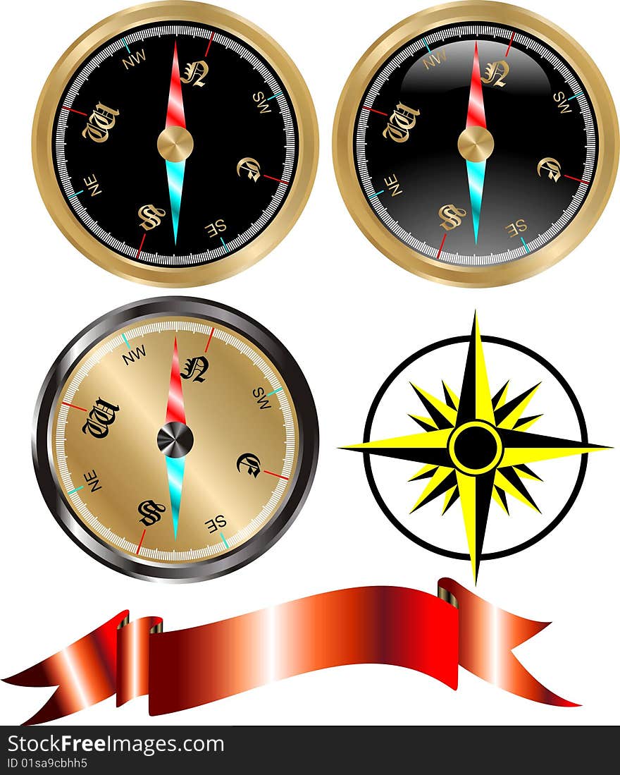 Vector golden style compass set. Vector golden style compass set