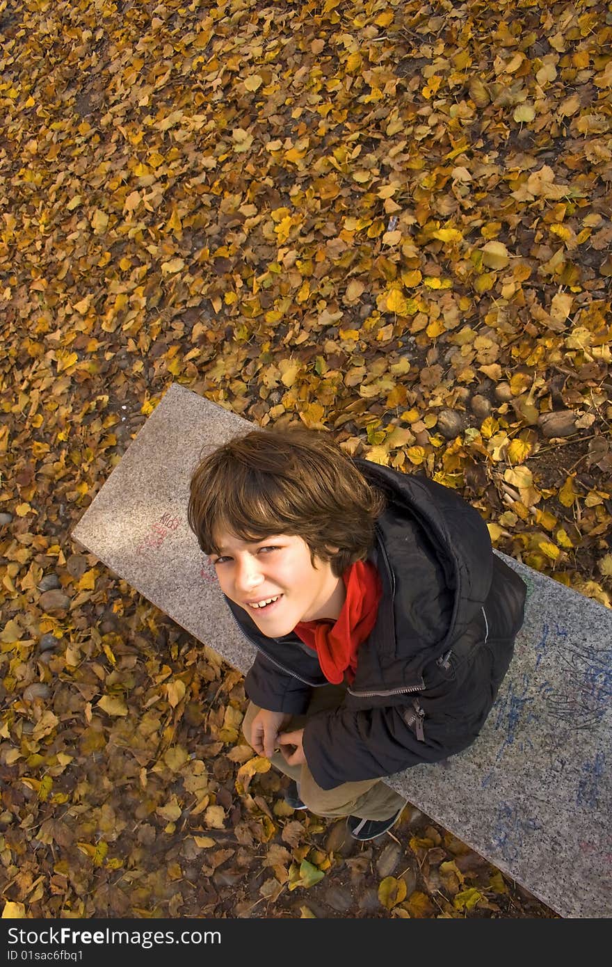 Guy on the bench with the leaves of autumn