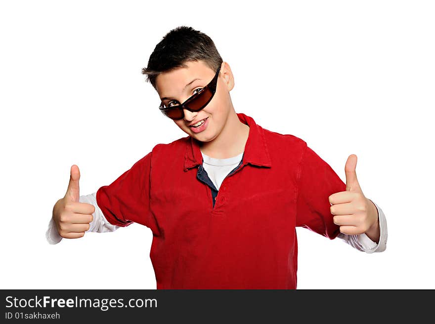 Young man in red shirt with thumbs up. isolated. Young man in red shirt with thumbs up. isolated