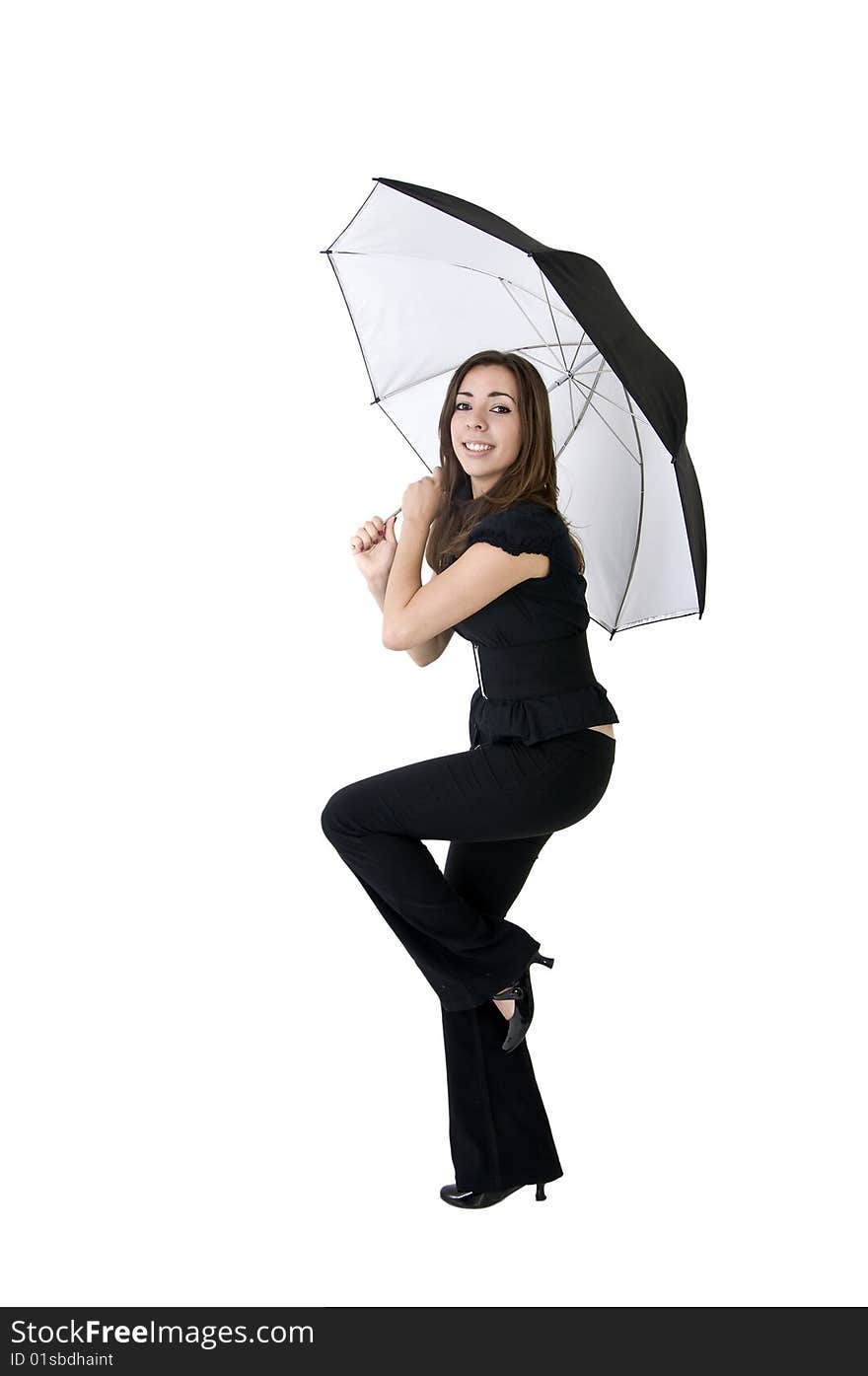 Girl in black suit posing with umbrella. Girl in black suit posing with umbrella