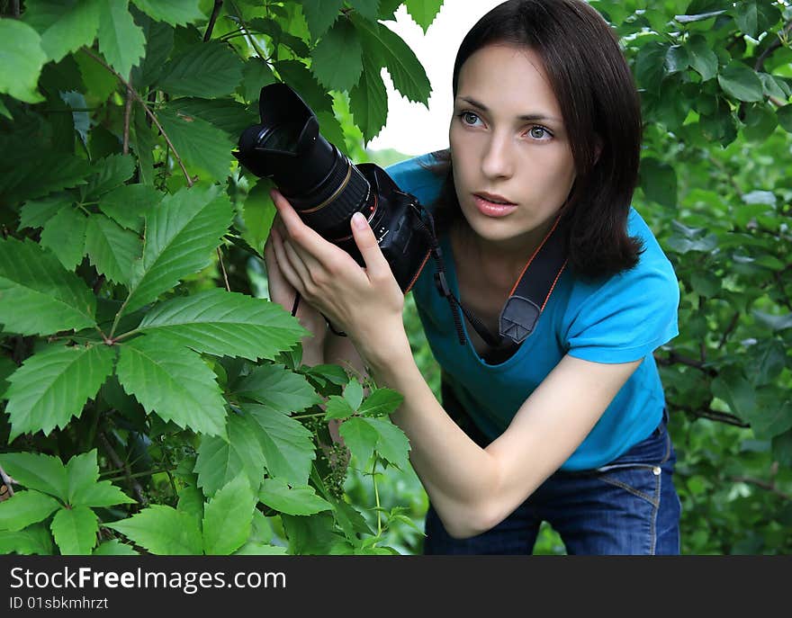 A girl tracks down the object of survey. A girl tracks down the object of survey.