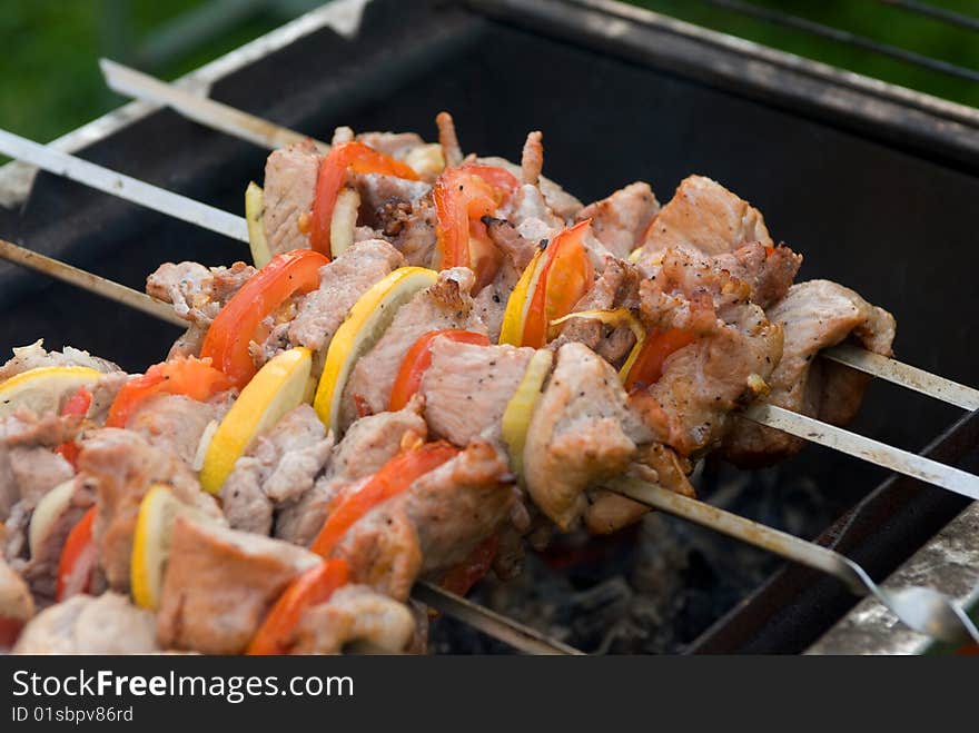 Shish kebab preparation on a brazier. Outdoor picnic.