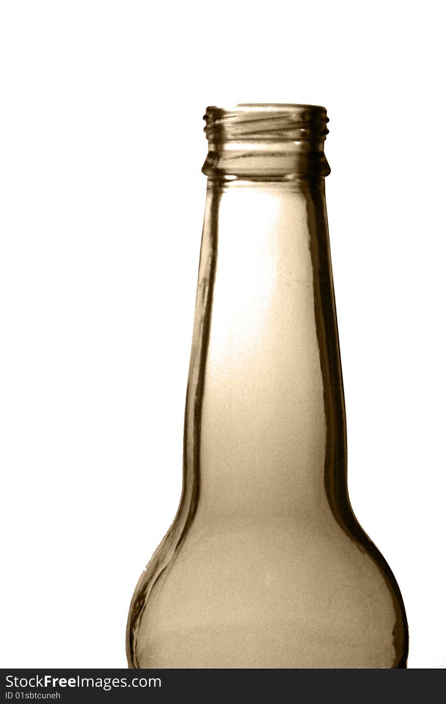 A close up of a beer bottle, brown in colour, focussing on the top half of the bottle. A close up of a beer bottle, brown in colour, focussing on the top half of the bottle.