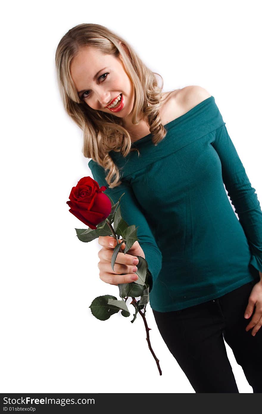 A pretty blonde girl smelling a rose on a white isolated background. A pretty blonde girl smelling a rose on a white isolated background