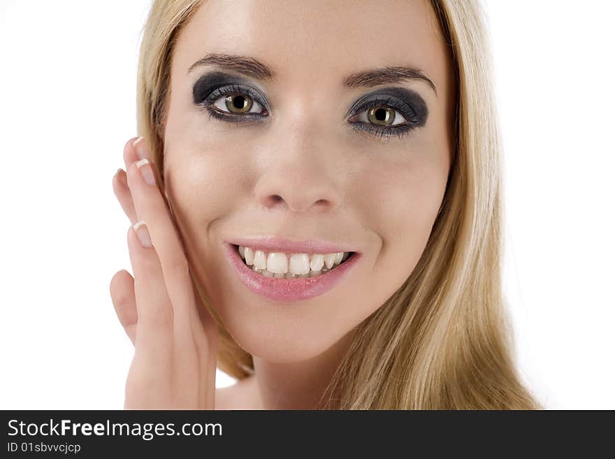 White background shot of female model smiling and whispering. White background shot of female model smiling and whispering