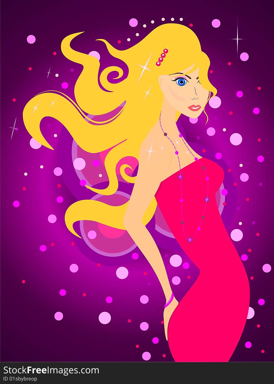 Vector illustration of a beautiful woman with party lights in backgroud