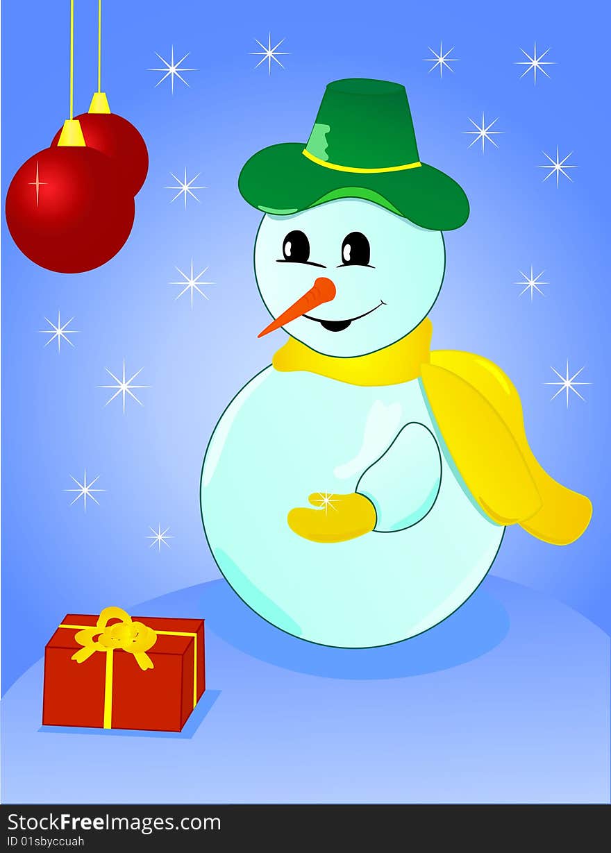 Vector illustration of a Christmas snowman with gift and snowflake in his hand on winter background