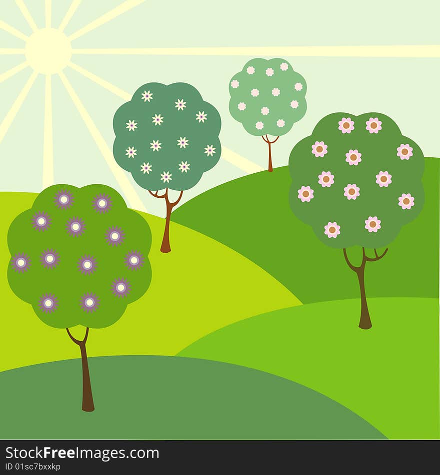 Vector illustration of landscape with sun