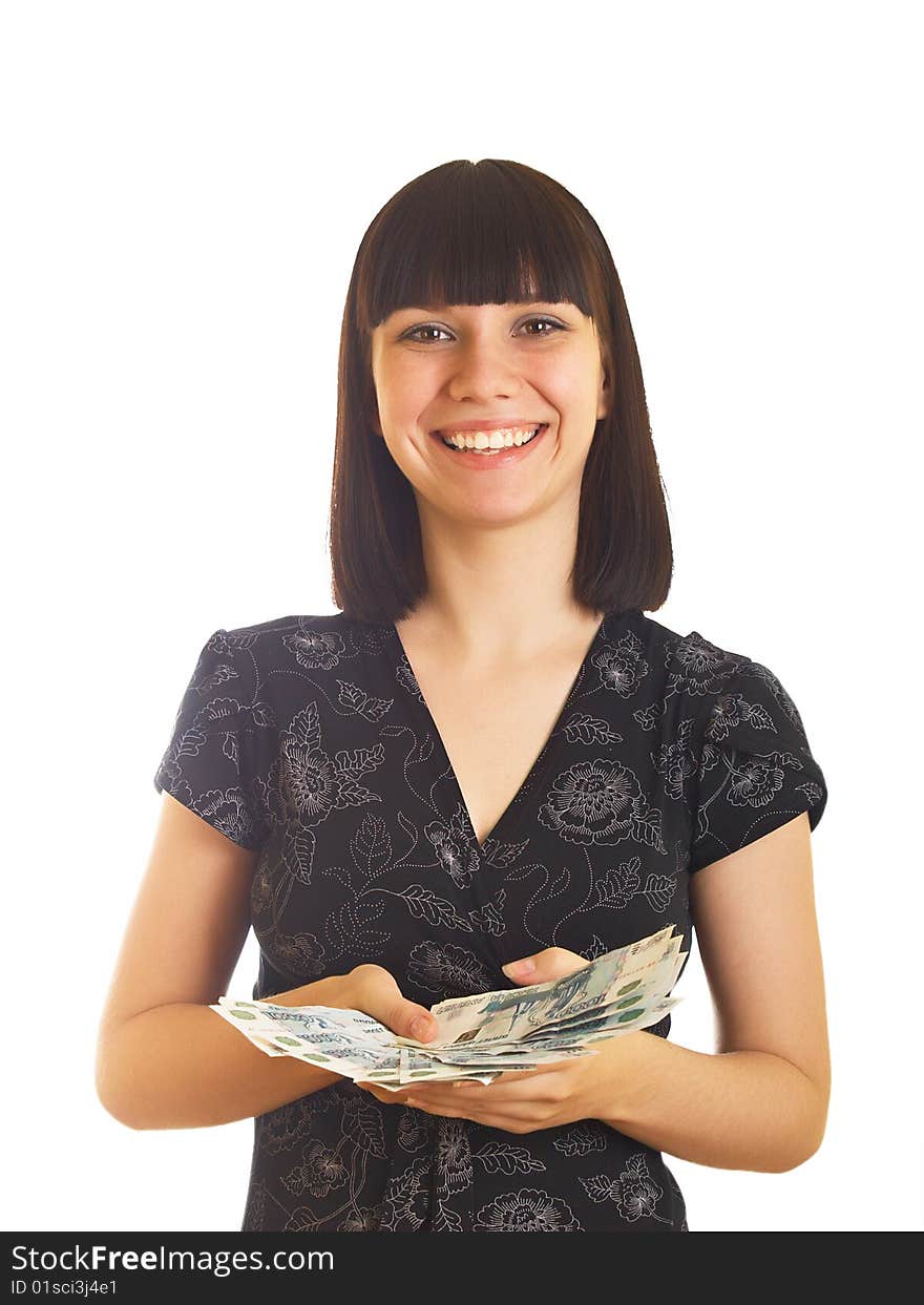 The young girl holds in hands Russian money for a white background. The young girl holds in hands Russian money for a white background