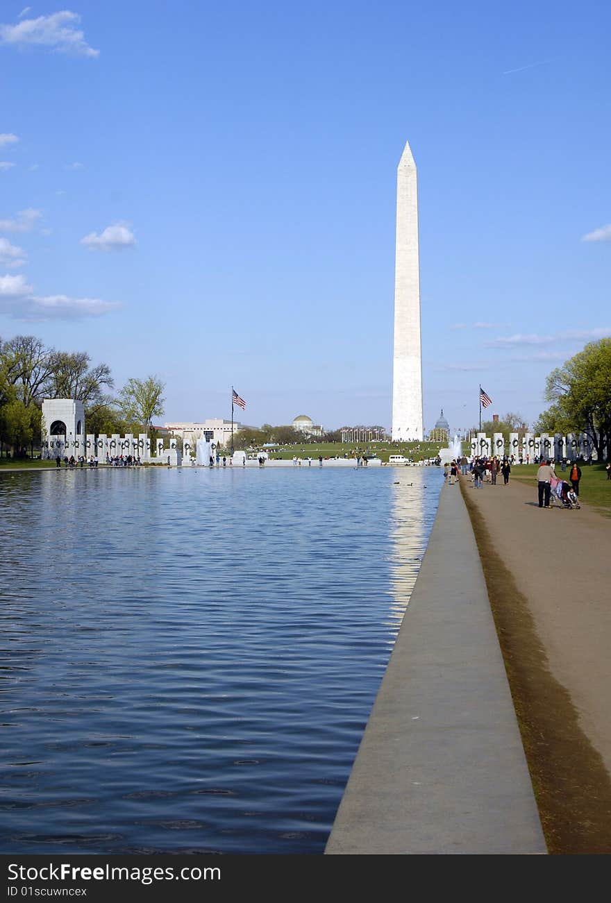 From an angle you get a unique view of the reflecting pool, WW II memorial & monument. From an angle you get a unique view of the reflecting pool, WW II memorial & monument