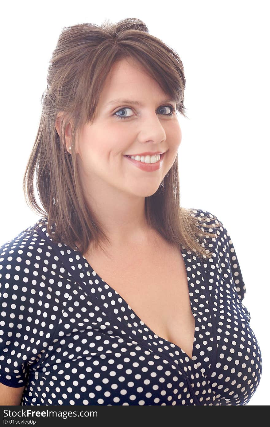 Happy youthful and smiling female brunette; isolated on a white background. Happy youthful and smiling female brunette; isolated on a white background.