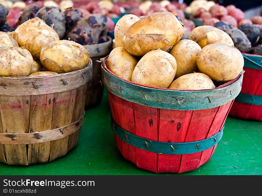 Bushel baskets filled with pototoes. Bushel baskets filled with pototoes.