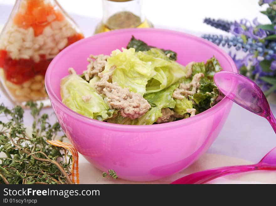 A fresh stew of green cabbage with meat