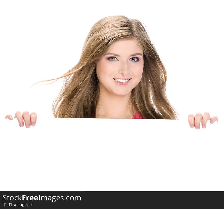 Woman holding a blank billboard