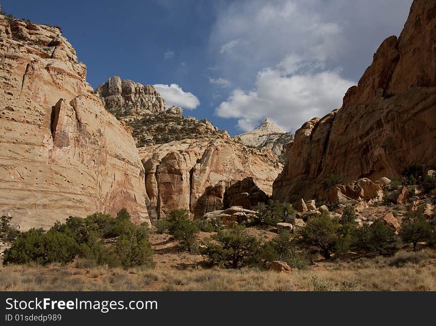 View of the red rock formations in Capitol Reef National Park with blue sky�s