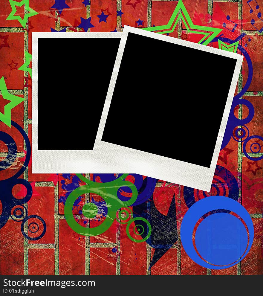 Vintage red   brick background with polaroid  frames. Vintage red   brick background with polaroid  frames