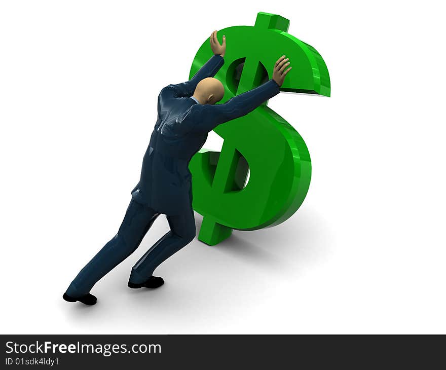 3d illustration of businessman and dollar sign, over white background