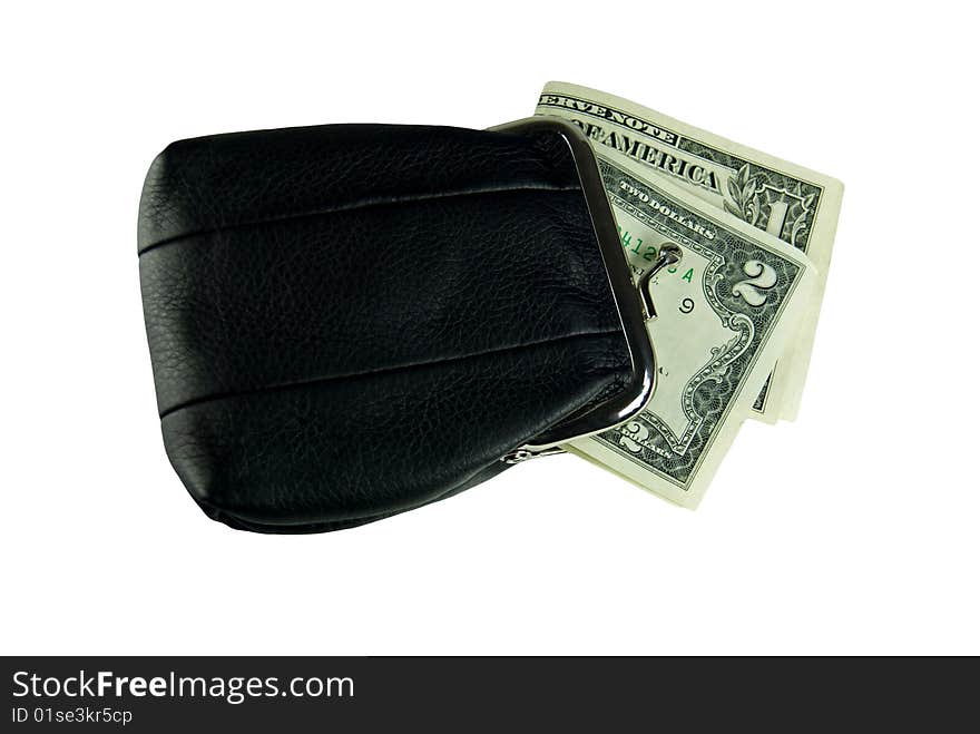 A small black leather coin purse holding 1 and 2 dollar bills, isolated on white. A small black leather coin purse holding 1 and 2 dollar bills, isolated on white