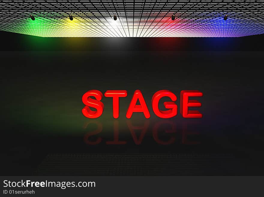 3d scene with highlighted stage text in red on black background. 3d scene with highlighted stage text in red on black background