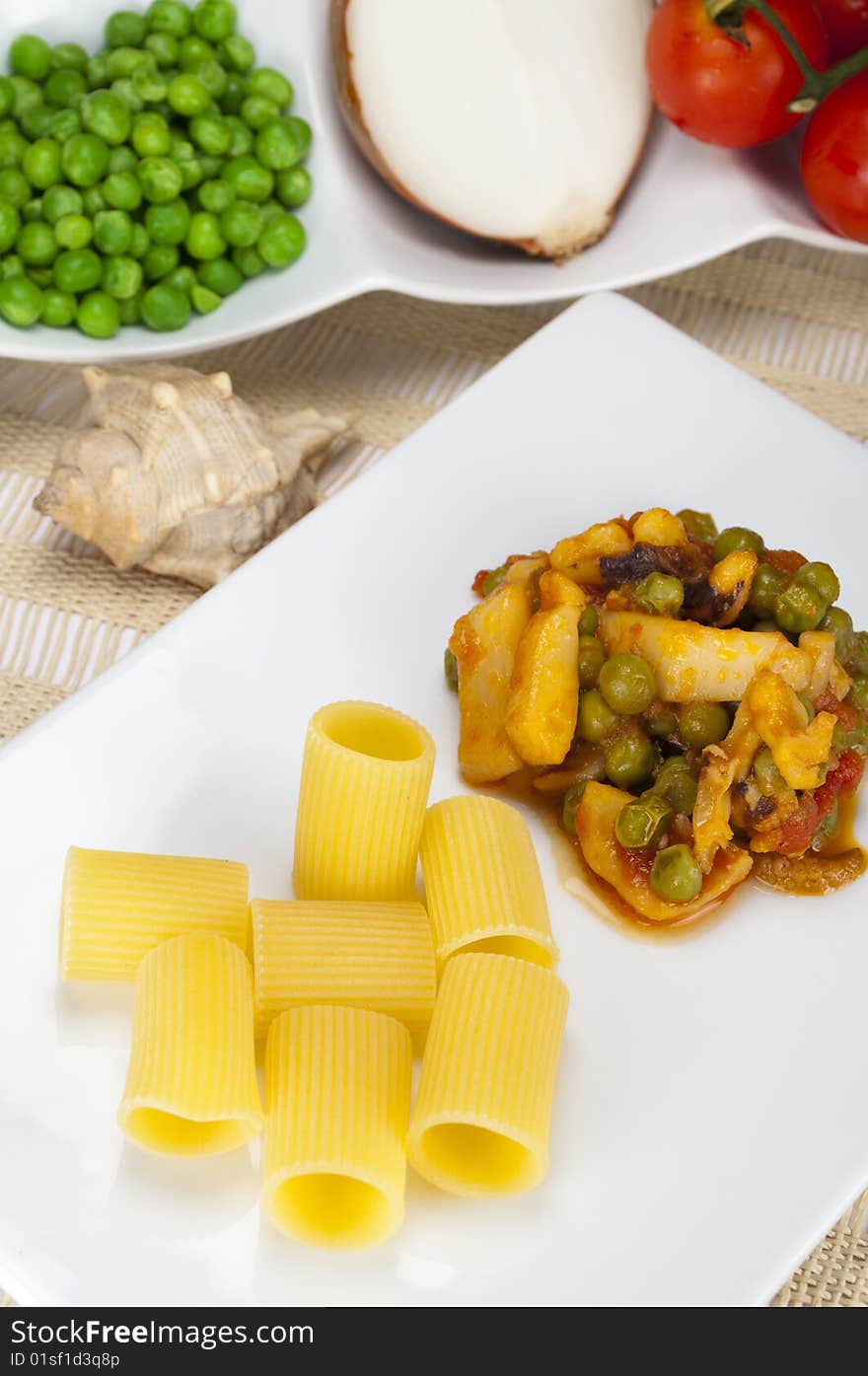 Pasta with cuttlefish and peas