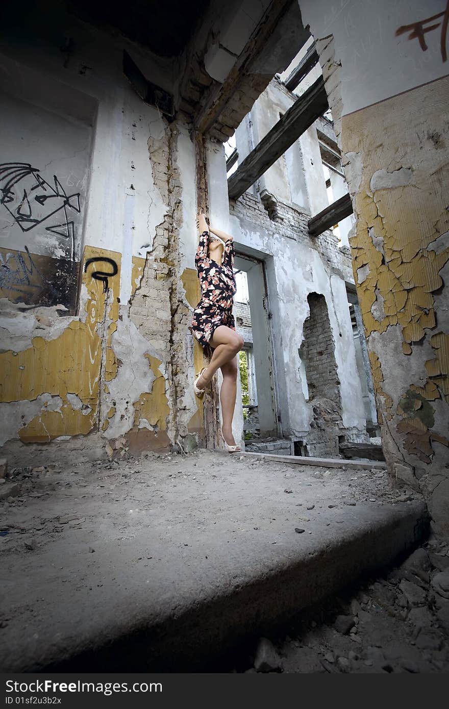 Girl inside the old ruin