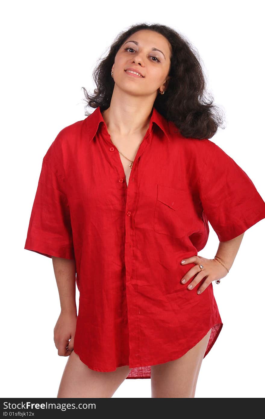 Girl In Red Male Shirt Posing