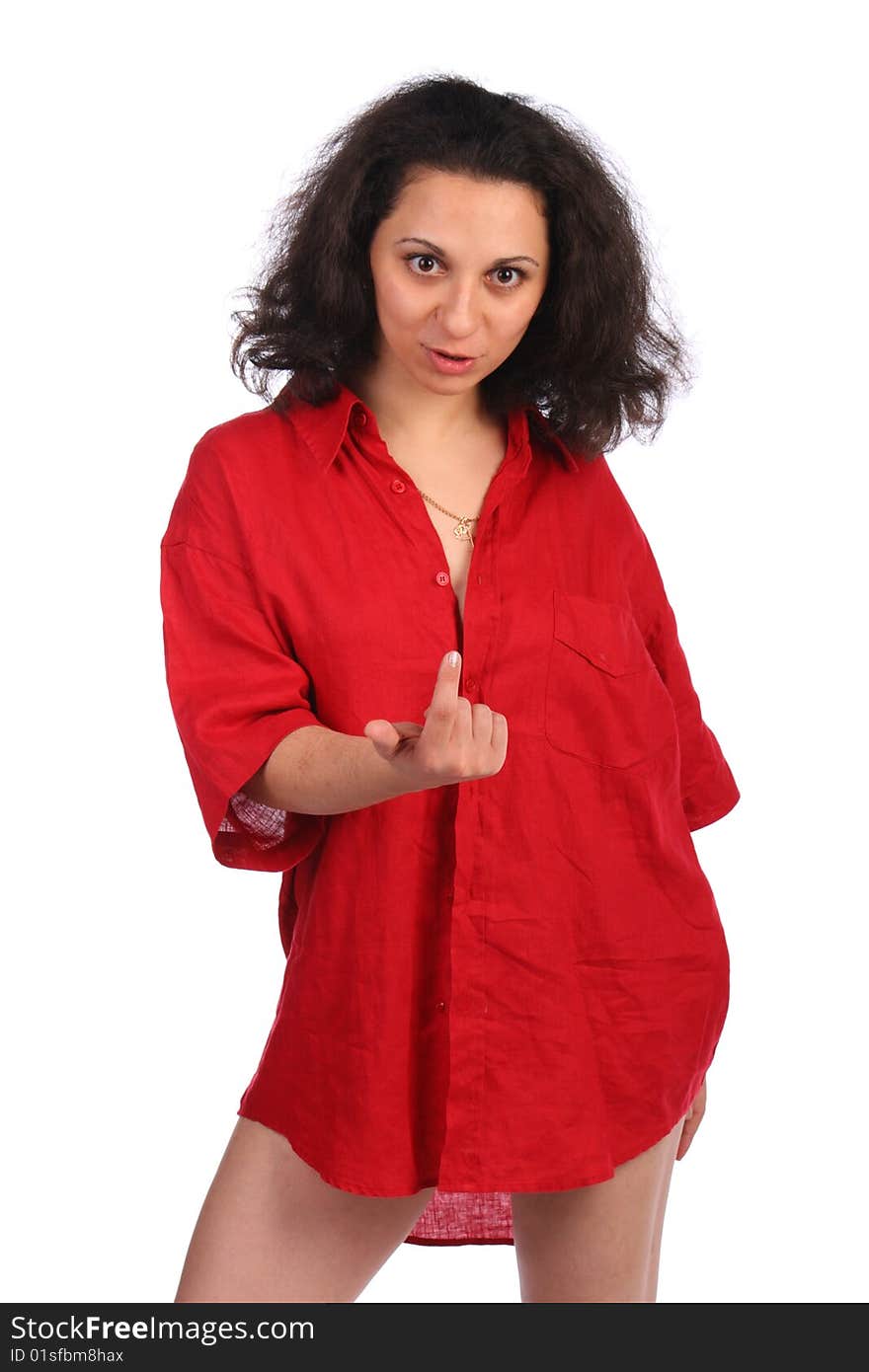 Brunet curly-headed girl in red male shirt beckon