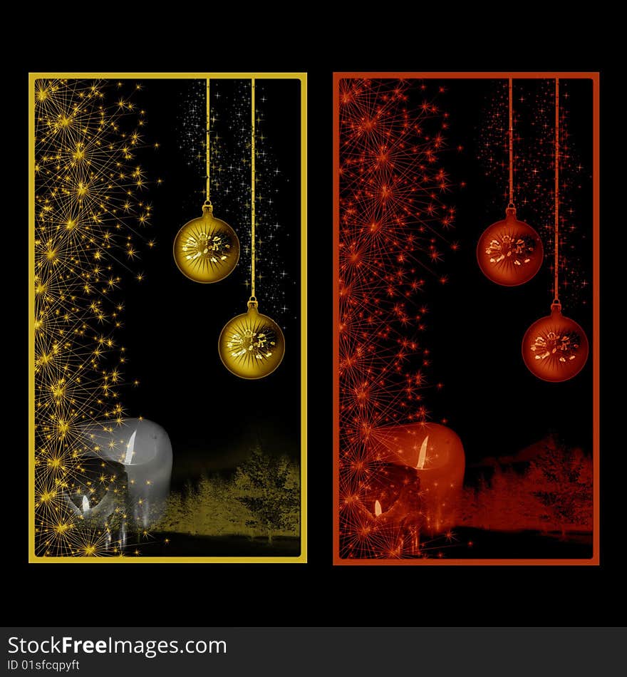 Two christmas banner with balls and candles in a wintertime