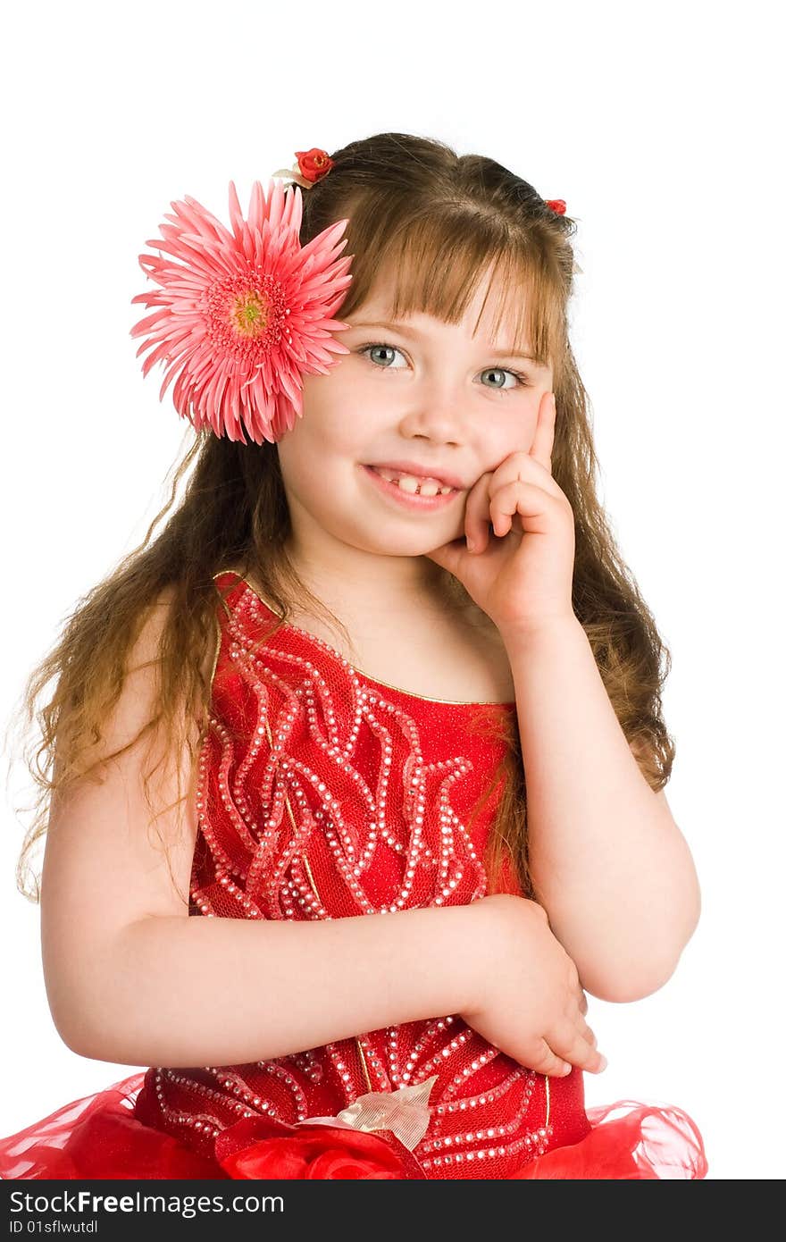 An image of a portrait of a nice girl with pink flower. An image of a portrait of a nice girl with pink flower