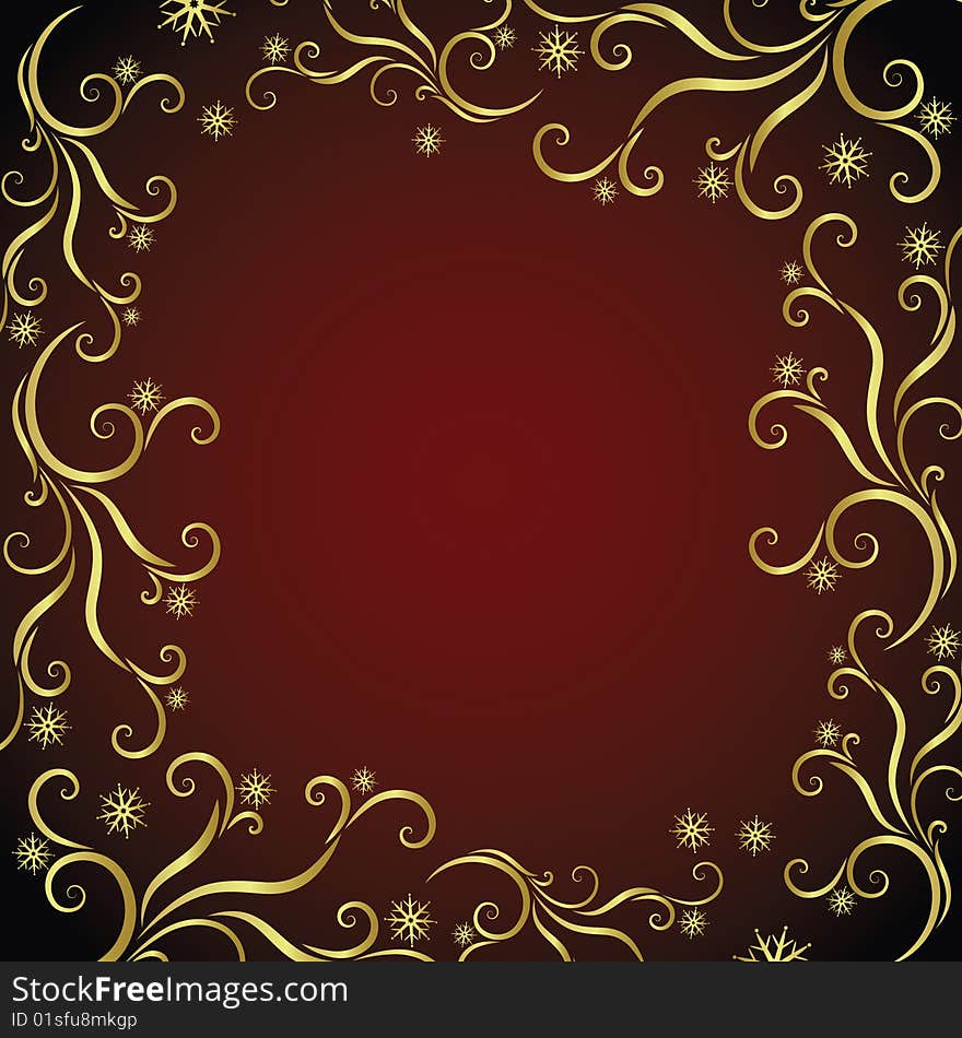 Golden floral background with snowflakes