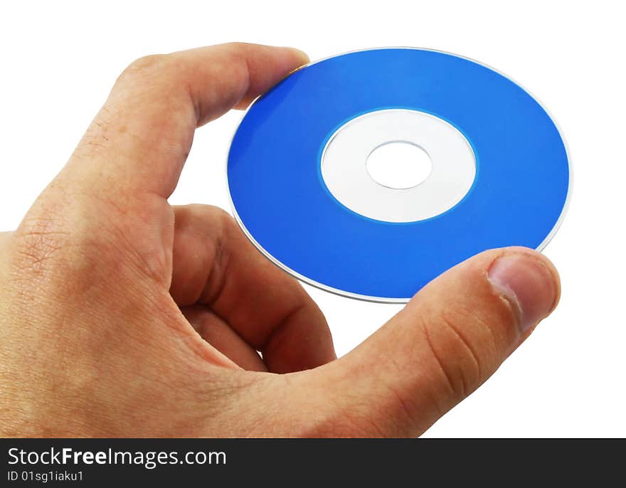 Hand holding blue mini disc on white background. Hand holding blue mini disc on white background