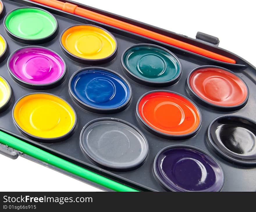 Watercolours in box. Isolated on white background.