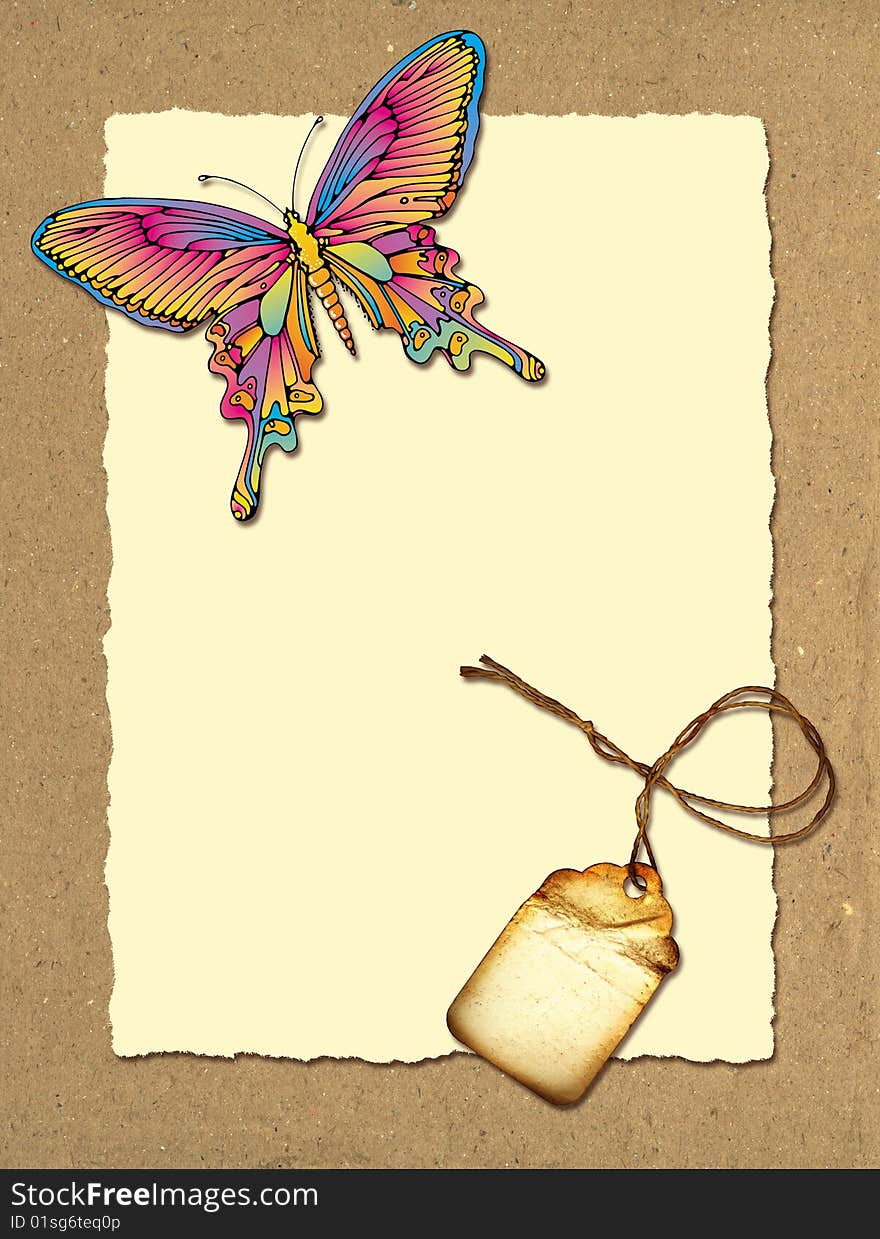 A vintage collage with torn paper, a butterfly and a grunge tag.